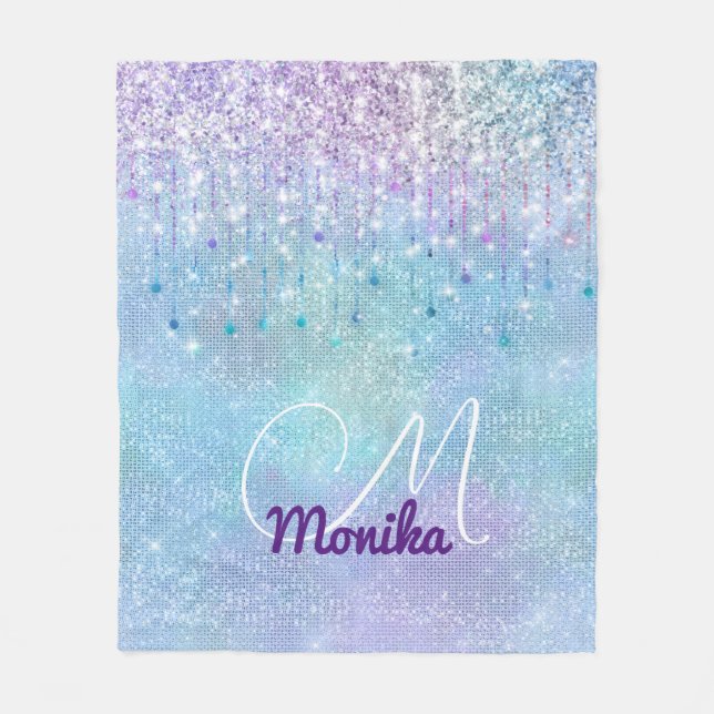 Türkisfarbene Silver Imitats Monogram Glitzer Fleecedecke (Vorderseite)