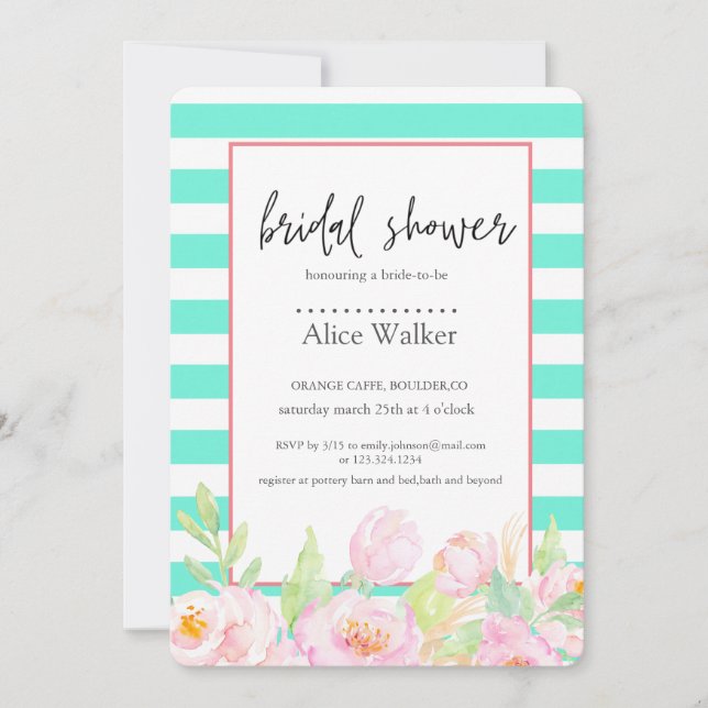 Türkisfarbene Streifen mit Peonies Brautparty Card (Vorderseite)