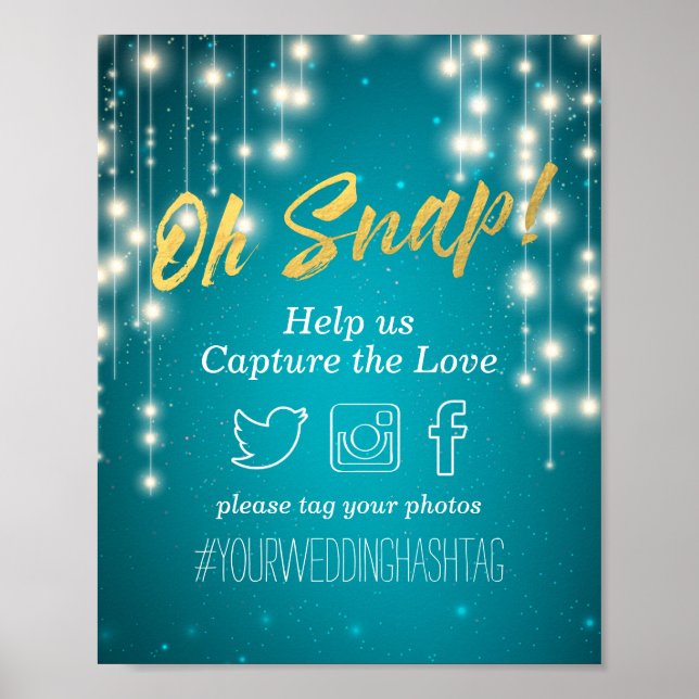 Türkisfarbene String Lights Wedding Oh Snap Hashta Poster (Vorne)