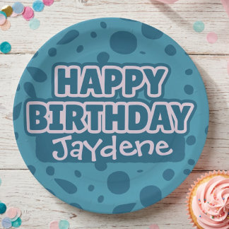 Türkisfarbene Teal-Happy-Birthday-Platte mit Namen Pappteller