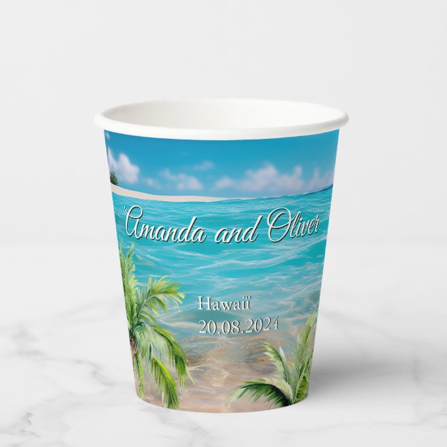 Türkisfarbene Tides Tropical Palm Tree Beach Hochz Pappbecher (Vorderseite)