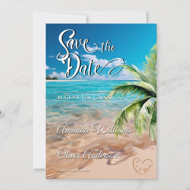 Türkisfarbene Tides Tropical Palm Tree Beach Hochz Save The Date (Vorderseite)