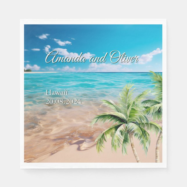 Türkisfarbene Tides Tropical Palm Tree Beach Hochz Serviette (Vorderseite)