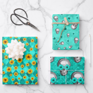 Türkisfarbene Totenköpfe und Sonnenblumen-Serie De Geschenkpapier Set