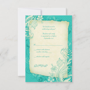 Türkisfarbene und elfenbeinfarbene Blumen-Hochzeit RSVP Karte