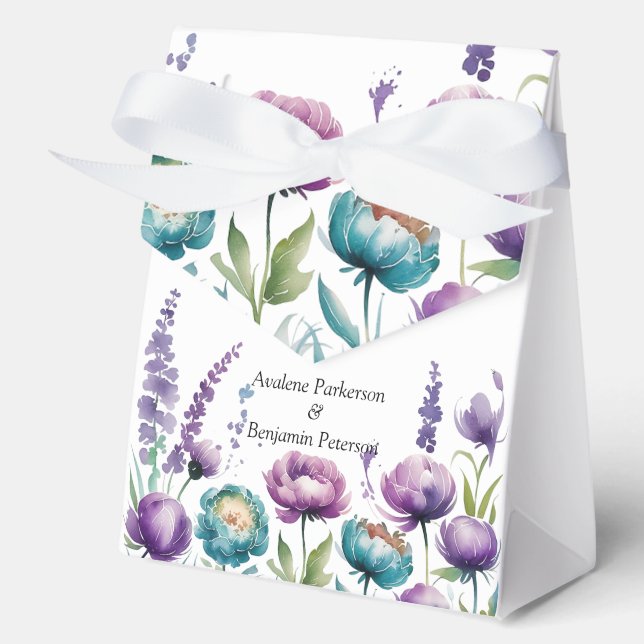 Türkisfarbene und Lila Wildblumen Hochzeit Geschenkschachtel (Vorderseite)