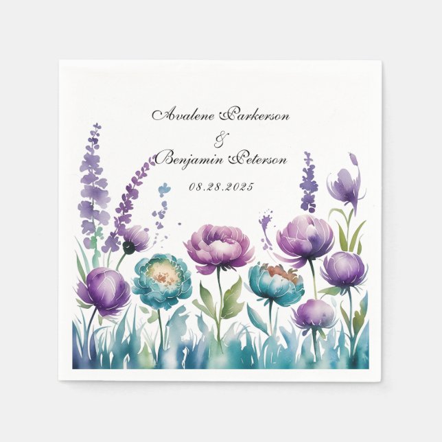Türkisfarbene und Lila Wildblumen Hochzeit Serviette (Vorderseite)