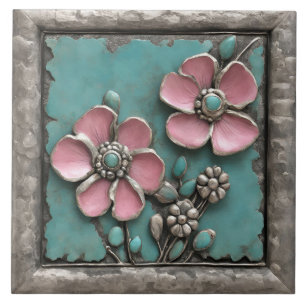 Türkisfarbene und rosa florale Kunst mit Silberrah Fliese