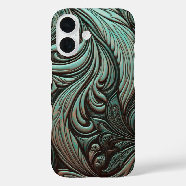 Türkisfarbene und schokoladengearbeitete Western-M iPhone 16 Hülle (Rückseite)