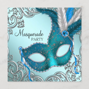 Türkisfarbene und silberne Masken-Maskenballparty Einladung