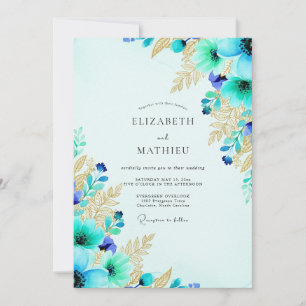 Türkisfarbene üppige botanische Hochzeit Einladung
