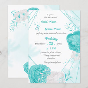 türkisfarbene, weiße, blumenförmige Hochzeit Einladung