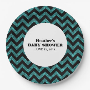 Türkisfarbene Zickzack Glitzer Babydusche Teller
