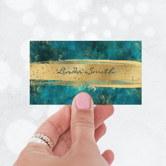 Türkisfarbener Aquamariner Stein Glitzer Gold Pins Visitenkarte (Turquoise Teal Stone Glitter Gold Brush Strokes Business Card)