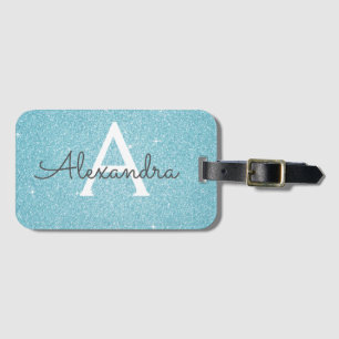 Türkisfarbener Blaue Glitzer Monogramm Name Gepäckanhänger