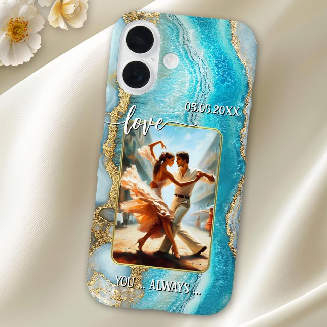 Türkisfarbener Geode-Hochzeitstanz-Foto-Handyhülle iPhone 16 Hülle (Phone case featuring your custom (dance) photo (optional) on a turquoise geode abstract design)