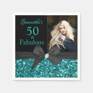 Türkisfarbener Glitzer Black Bow 50. Geburtstag F Serviette