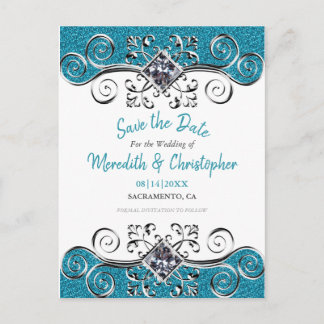 Türkisfarbener Glitzer Bling Wedding Save the Date Ankündigungspostkarte