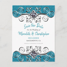 Türkisfarbener Glitzer Bling Wedding Save the Date Ankündigungspostkarte