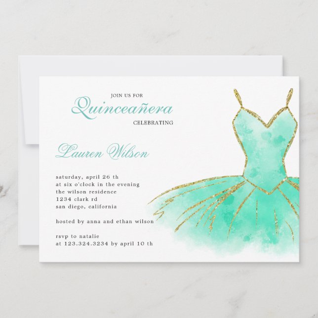 Türkisfarbener Glitzer Gown Quinceanera Einladung (Vorderseite)