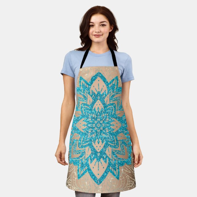 Türkisfarbener Glitzer Mandala 2 Schürze (Getragen)