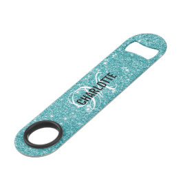Türkisfarbener Glitzer mit Monogramm Name Speed Flaschenöffner