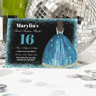 Türkisfarbener Glitzer Prinzessin Sweet 16 Ballgow Einladung