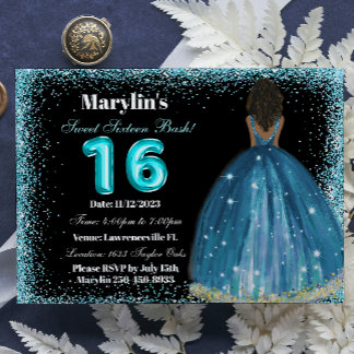 Türkisfarbener Glitzer Prinzessin Sweet 16 Foil Ba Einladung