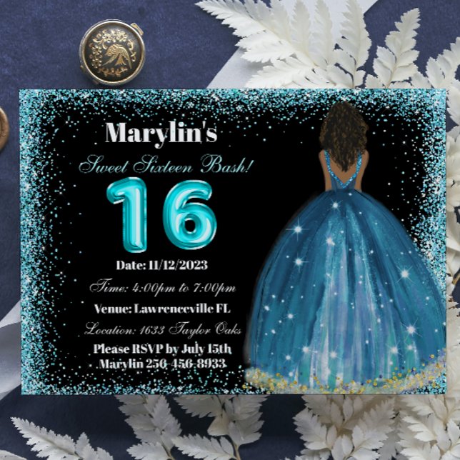 Türkisfarbener Glitzer Prinzessin Sweet 16 Foil Ba Einladung (Von Creator hochgeladen)