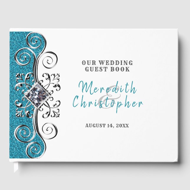 Türkisfarbener Glitzer Silver Bling Wedding Gästeb Gästebuch (Vorderseite)