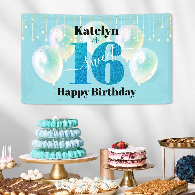 Türkisfarbener Glitzer Sweet 16 Birthday Balloon S Banner (Von Creator hochgeladen)