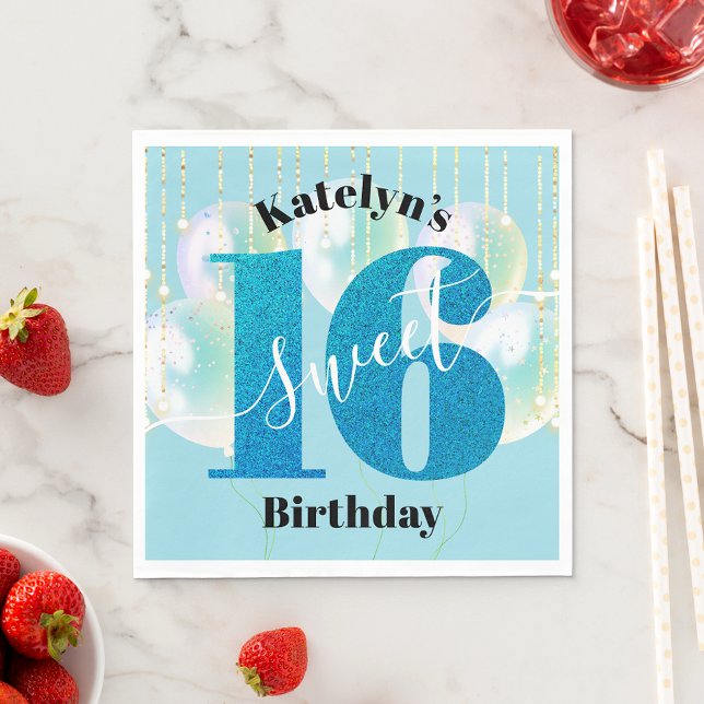 Türkisfarbener Glitzer Sweet 16 Birthday Balloon S Serviette (Von Creator hochgeladen)
