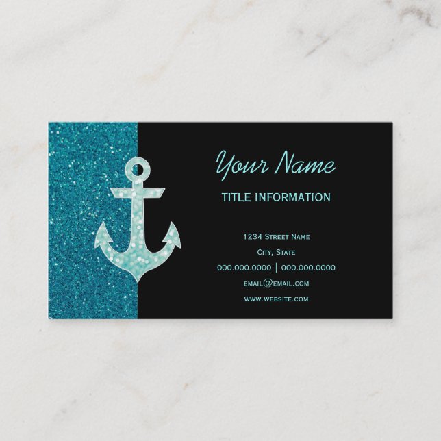 Türkisfarbener Glitzer und Aqua Bokeh Anchor Visitenkarte (Vorderseite)