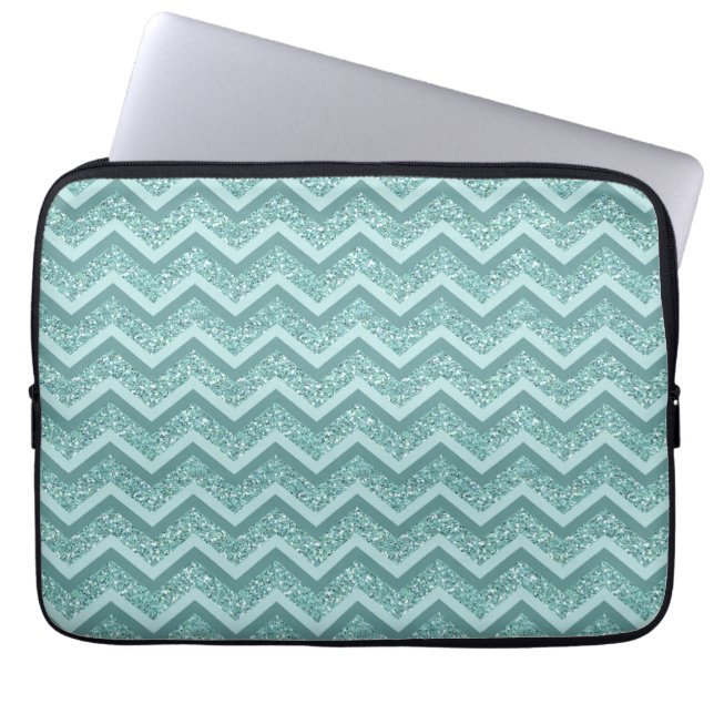 Türkisfarbener Glitzer ZigZag Muster Laptopschutzhülle (Vorderseite)