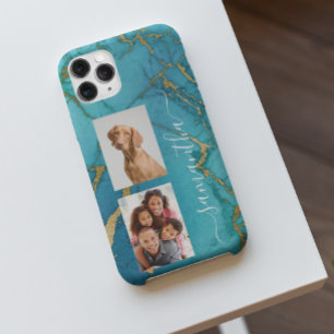 Türkisfarbener Goldmarmorstein Monogrammfoto Case-Mate iPhone Hülle