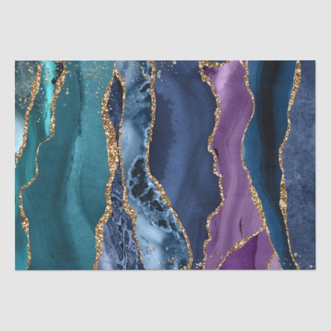 Türkisfarbener Lila Blue Gold Glitzer Marmor Seidenpapier (Vorderseite)