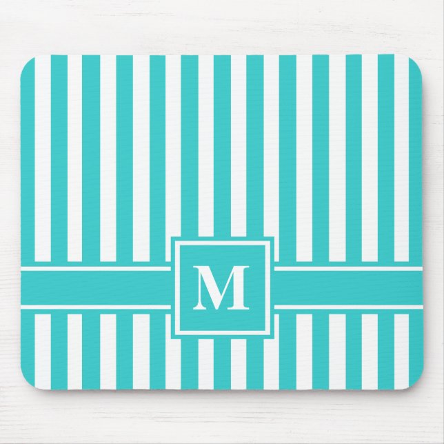 Türkisfarbener moderner Streifen mit Monogramm Mousepad (Vorne)