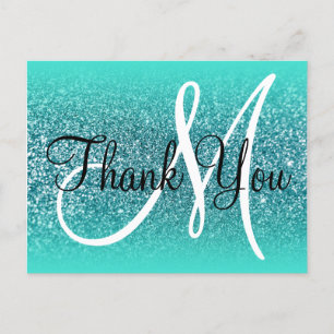 Türkisfarbener Ombre Teal Glitter Monogramm Danke Postkarte