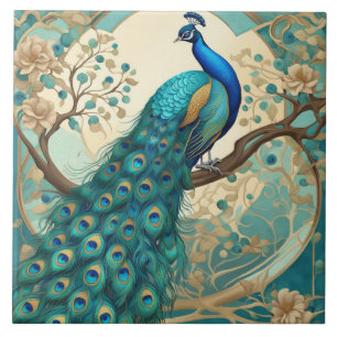 Türkisfarbener Pfau Vogel Art Nouveau Art Deco Fliese