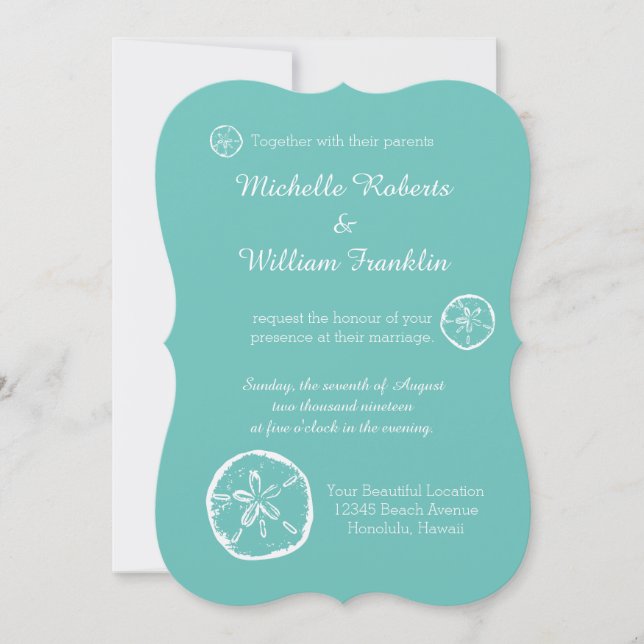 Türkisfarbener Sandstrand Hochzeitsaufenthalte Einladung (Vorderseite)