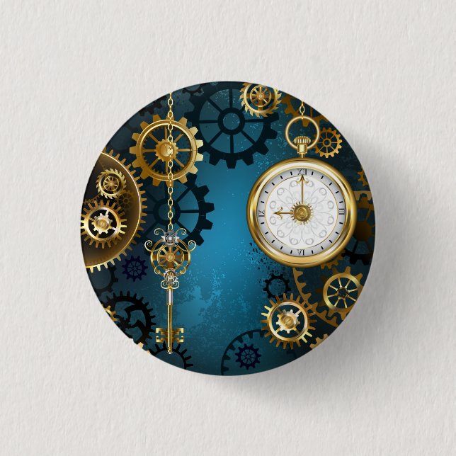Türkisfarbener Steampun-Hintergrund mit Gänsen Button (Vorderseite)