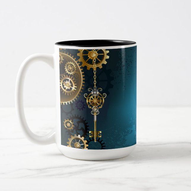 Türkisfarbener Steampun-Hintergrund mit Gänsen Zweifarbige Tasse (Links)