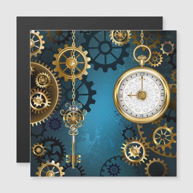 Türkisfarbener Steampunk mit Gears Magneteinladung (Vorne/Hinten)
