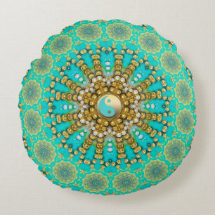 Türkisfarbenes Aqua Gold Yin Yang Beachy Mandala Rundes Kissen