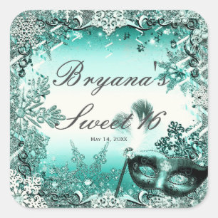Türkisfarbenes Aqua Grün Wintermaskerade & Schneef Quadratischer Aufkleber