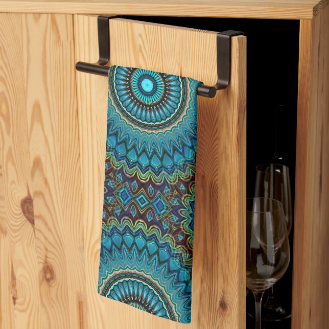 Türkisfarbenes Aquamarines Green Mandala Round-Sta Geschirrtuch (Drittel gefaltet)
