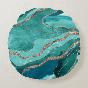 Türkisfarbenes Aquamarines Marmorglas Agate Gold  Rundes Kissen
