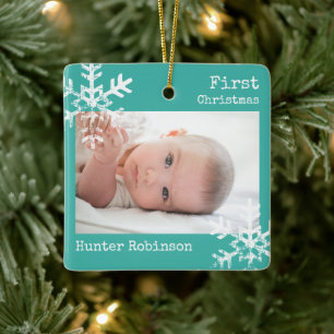 Türkisfarbenes Baby Erstes Weihnachtsfoto Keramikornament