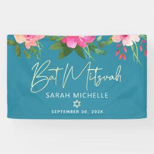Türkisfarbenes Bat Mitzvah Rosa Blumen Gold Schrif Banner