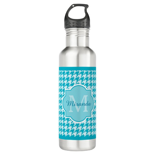 Türkisfarbenes Chic Monogram Hahnentrittmuster mit Trinkflasche (Vorderseite)